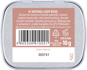 Tył metalowej puszki bronzera NAM Smart Jelly 01 Natural Light Beige (10g) z etykietą i tekstem VEGAN.
