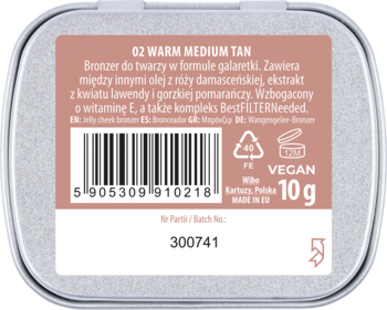 Widok od spodu bronzera NAM Smart Jelly 02 Warm Medium Tan, z etykietą, kodem kreskowym i masą 10g.
