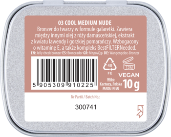 Tył opakowania bronzera NAM Smart Jelly 03 Cool Medium Nude: srebrna puszka z beżową etykietą, tekst i kod kreskowy.
