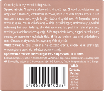 Tył opakowania czarnych kępek rzęs NAM Everyday Wisps 10 i 12 mm, z instrukcją użycia i kodem kreskowym.