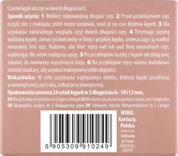 Tył opakowania kępek rzęs NAM Everynight Wisps (10/12 mm), z polskimi instrukcjami i kodem kreskowym.