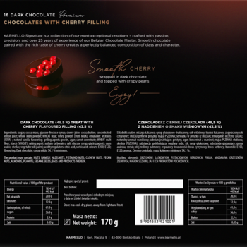 Tył pudełka Karmello: 16 czekoladek ciemnych wiśniowych. Widoczne skład, tabela odżywcza, kod i grafika pralinek.