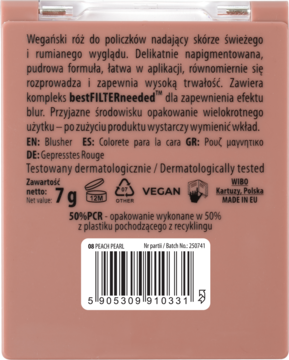 Tył brzoskwiniowego różu NAM Peach Pearl 7g z tekstami PL/EN o wegańskiej formule i 50% recyklingu.