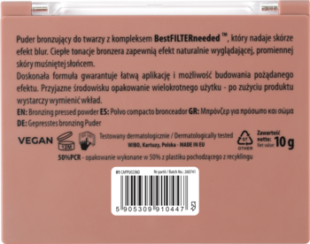 Tył opakowania pudru brązującego NAM Cappuccino, z polskim opisem, kodem kreskowym i ikonami recyklingu.
