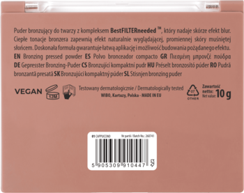 Tył opakowania pudru brązującego NAM 01 Cappuccino. Prostokątne, matowe z tekstem, wegański, 10g, BestFILTERneeded.