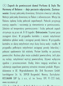 Czarny tekst z instrukcją i opisem odświeżacza domol Perfume & Style Harmony of Balance na białym tle.