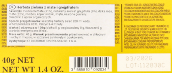Tył żółtego opakowania herbaty zielonej z mate i grejpfrutem, waga 40g, kod i data ważności 03/2026.