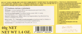 Tył żółtego opakowania organicznej zielonej herbaty jaśminowej 40g, z polskim tekstem, kodem kreskowym i datą ważności.