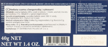 Tył opakowania czarnej herbaty Kusmi Tea z bergamotką i cytrusami 40g, widoczne dane produktu i termin ważności.