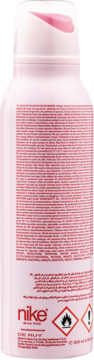 Tył różowego dezodorantu w sprayu Nike Chic & Cool z widoczną etykietą, tekstem i symbolami ostrzegawczymi.