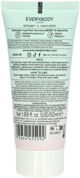 Tył jasnozielonej tubki EVERYBODY LONDON Bergamot & Sandalwood Maska żelowa z aloesem, widoczny opis.