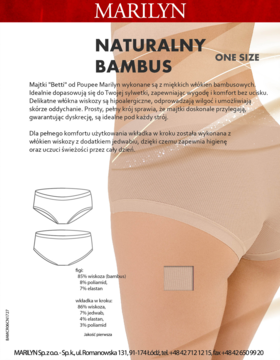 Nude majtki "Betti" z bambusowej wiskozy na modelce. Pełny krój, rysunki techniczne obok.