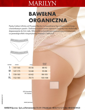 Marilyn bawełniane figi Infinity z koronkowym pasem, cieliste, na modelu z tyłu, oraz tabela rozmiarów.