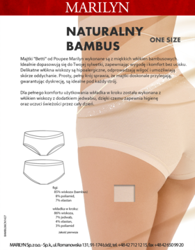 Kremowe figi damskie Marilyn z wiskozy i bambusa, pełny krój, widoczne na modelce i w formie schematu.