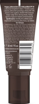 Tył brązowej tubki matującego podkładu Lirene SPF 50, 30ml, z nadrukowanymi detalami i kodem.