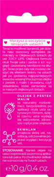 Tył różowego opakowania tintu Juicy Lips, z widocznym tekstem o olejku z pestek malin i skwalanie.