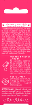 Szczegółowy widok tyłu różowego opakowania olejkowego tintu Juicy Lips 10g z opisem i składem.