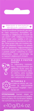 Tył fioletowego opakowania olejkowego tintu Juicy Lips. Biały tekst opisuje olejek z pestek jagód i witaminę E.