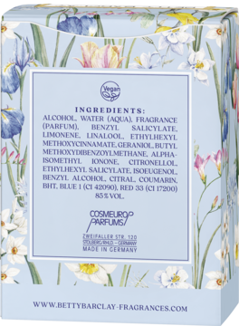 Tył opakowania wody toaletowej Betty Barclay Pure Flower, niebieskie tło z kwiatami, lista składników.