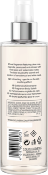 Tył butelki s.Oliver Fragrance Body Splash, przezroczyste szkło, widoczne etykiety ze składnikami i kodem kreskowym.