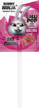 Różowe opakowanie lizaka Bunny Ninja Lolli Pop o smaku malinowym, bez cukru, z wizerunkiem królika.