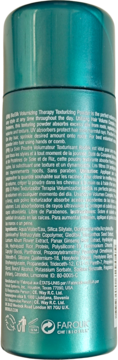 Tył turkusowej butelki Biosilk Volumizing Therapy Texturizing Powder z widocznymi informacjami o składzie.
