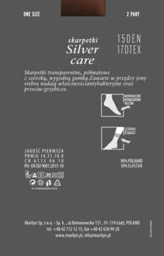 Ciemne opakowanie skarpetek Marilyn Silver Care 15DEN, 2 pary, transparentne, z jonami srebra, widok z przodu.