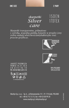 Opakowanie skarpetek Marilyn Silver Care 15DEN, grafitowe, z opisem właściwości antybakteryjnych.