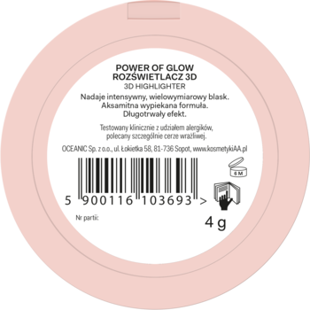 Tylna strona okrągłego, jasnoróżowego rozświetlacza AA Power of Glow 3D, z etykietą i kodem kreskowym, 4g.