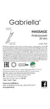Białe opakowanie podkolanówek Gabriella Massage 20 den z ilustracją nogi i informacją o masażu stopy.