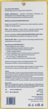 Tył złotego opakowania Coco Glam PAP+ REFILL z czarną instrukcją użycia i opisem żelu do wybielania zębów.