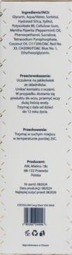 Tył opakowania korektora do zębów Coco Glam V34, białe pudełko z listą składników i ostrzeżeniami.