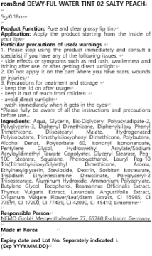 Tył opakowania błyszczyka Rom&nd Dewy-Ful Water Tint 02 Salty Peach z listą składników i ostrzeżeniami.