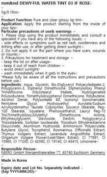 Tył opakowania Rom&nd Dewy-ful Water Tint 03 If Rose 5g, z czytelną listą składników i szczegółowymi informacjami o produkcie.