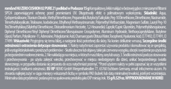 Zbliżenie na etykietę podkładu Rom&nd Nu Zero Cushion 02 Pure ze składem i informacjami, biały tekst na ciemnym tle.
