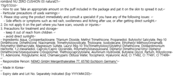 Etykieta podkładu Rom&nd Nu Zero Cushion Natural z instrukcją użycia i pełną listą składników, widok z bliska.