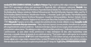 Tył opakowania podkładu Rom&nd Nu Zero Cushion Natural 23, widoczne szczegóły składu i informacji.
