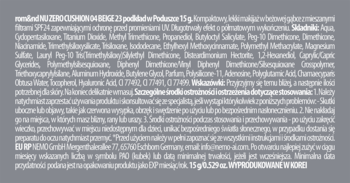 Zbliżenie na listę składników i instrukcje podkładu Rom&nd Nu Zero Cushion 23 Beige do twarzy.