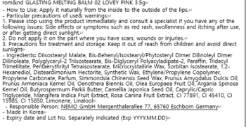 Tył opakowania balsamu Rom&nd Glasting Melting Balm Lovey Pink z instrukcją użycia i listą składników.