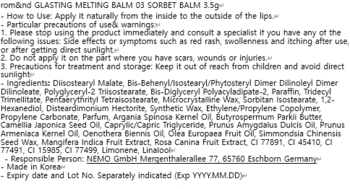 Rom&nd Glasting Melting Balm 03 Sorbet Balm, tył opakowania z listą składników i zasadami użycia.