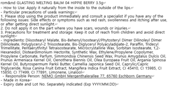 Zbliżenie na etykietę balsamu Rom&nd Glasting Melting Balm Hippie Berry ze składem i instrukcjami.