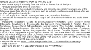 Rom&nd Glasting Melting Balm Kaya Fig: składniki, sposób użycia i ostrzeżenia na białym tle.