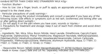 Rom&nd Better Than Cheek WO2 Strawberry Milk róż, tył opakowania z listą składników, instrukcją i ostrzeżeniami.
