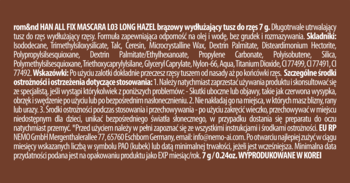 Tył brązowego opakowania tuszu Rom&nd Han All Fix L03 Long Hazel z białymi napisami i listą składników.