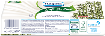 Tył opakowania chusteczek higienicznych Regina Soft Bamboo. Białe, z zielonym motywem bambusa, kod kreskowy, certyfikaty.