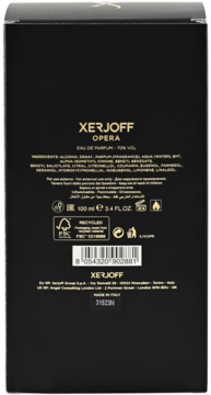 Tył czarnego, prostokątnego opakowania Xerjoff Opera Eau de Parfum 100 ml, ze złotym nadrukiem składników.
