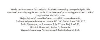 Polska etykieta wody perfumowanej z ostrzeżeniami, danymi dystrybutora UE i krajem pochodzenia, na białym tle.