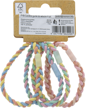 Kolorowe plecione gumki do włosów FYB Candice, 4 sztuki, widok z przodu opakowania.