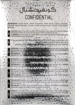 Tył srebrnego, teksturowanego opakowania wody perfumowanej Lattafa Confidential Platinum z listą składników i ostrzeżeniami.