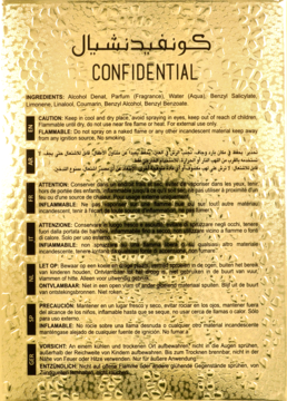 Tył złotego, teksturowanego opakowania perfum Lattafa Confidential, z czarnym tekstem i ostrzeżeniami.